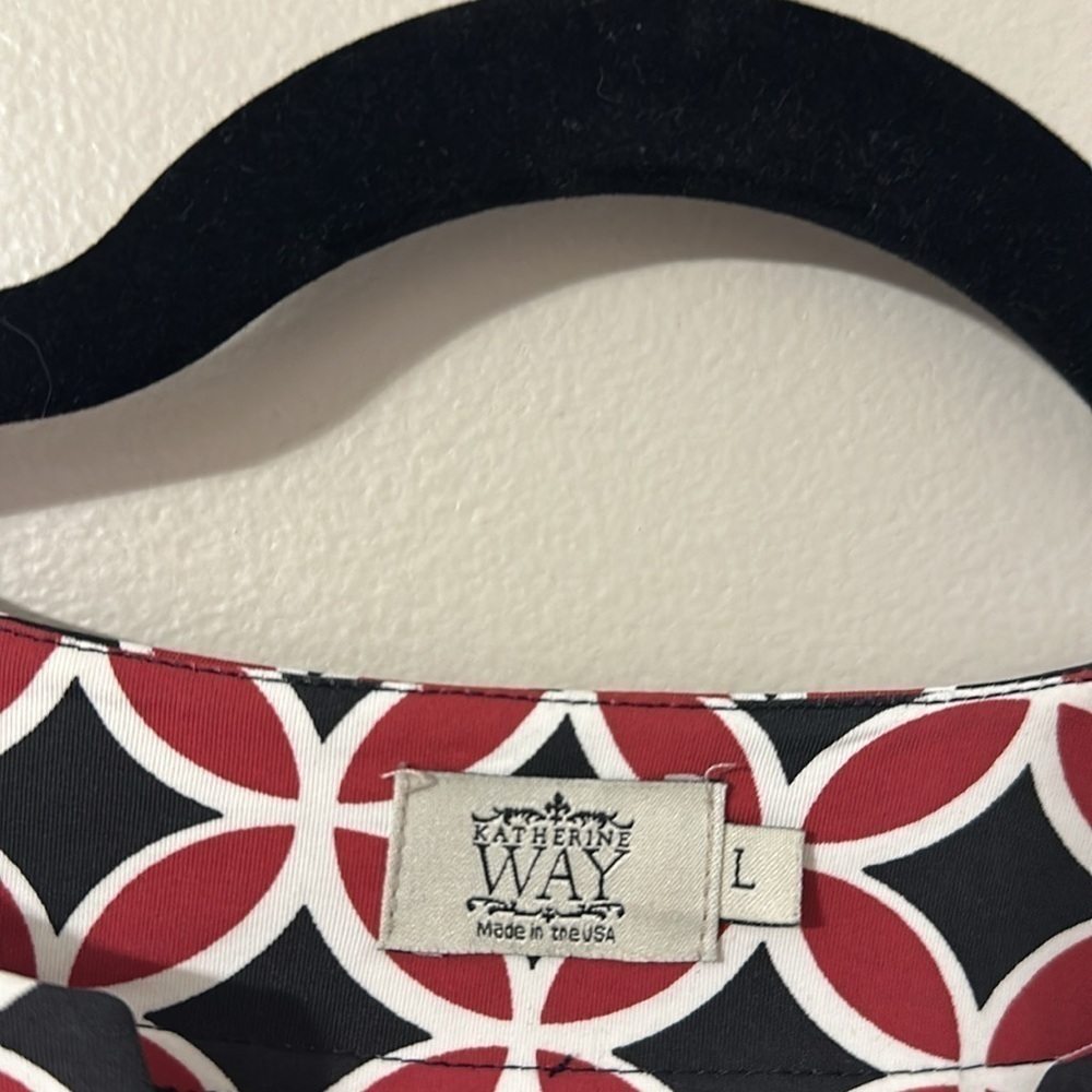 Katherine Way V-Neck Printed Dress Large Maroon & Navy Preppy Resortwear Travel - Picture 6 of 9